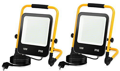 Ikodm Projecteur de Chantier LED, 2PCS 150W Projecteur LED 13000LM 6000K Blanc Froid avec Support Pliable, Lampe de Chantier avec câble 3M et étanche IP66 pour Garage Chantier GOL-8833-M2x
