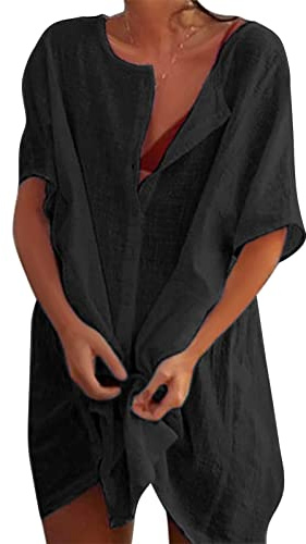 RITOSTA Robe de Plage Femme Ete Sexy Pareo de Plage pour Maillot de Bain Couvrir Kimono Tunique Plage Boutonné Cache-Maillots et Sarongs Col V Bikini Cover Up Poncho Blouse Manches Longues(Noir,S)