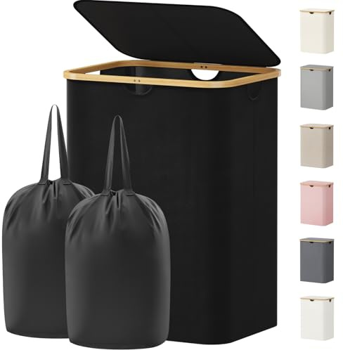 Lifewit Cesto para la Ropa Sucia de 150L con Tapa, Cesta para la Colada con Asas de Bambú y Una Bolsa Extraíble, Cesto de Ropa Plegable Grande para Dormitorio, Cuarto de Baño, Lavadero, Negro
