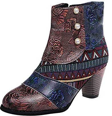 BIISDOST Botines Retro para Mujer con Tacón Botas de Tobillo Estilo Étnico Media Caña Tacón en Bloque Botas de Tobillo Botas de Cowboy con Tacón Grueso y Tacón Grueso Botas de Invierno en Colores