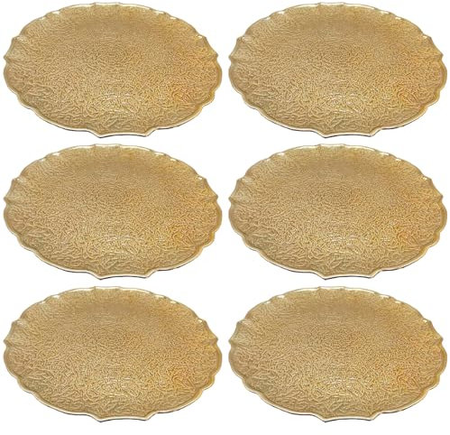 Acan Tradineur - Pack de 6 Bajoplatos reutilizables redondos de plástico, plato llano decorativo, bandeja para presentación de dulces, Navidad, turrón, pasteles (Oro viejo, Ø 33 cm)