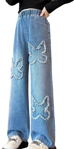 Adigau Jeans Fille 5 6 Ans Pantalon en Denim Décontracté Enfant Jean Ample Taille Élastique Jeans Jambe Large Mode C1 11-12 Ans