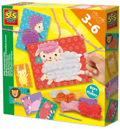 SES Creative 14043 - Broderie d’animaux en fil moelleux douceur, avec fourrure super douce, aiguille en plastique sûre, set complet avec cartes de broderie pour enfants