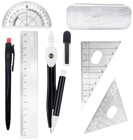 AUSYIWI 7-Teilig Zirkel Set Geometrieset, Schnellverstellzirkel, Geodreieck, Winkelmesser, Geometrie Math Zirkel Kit Linealset Studentenbedarf für Schule Büro Zuhause Mathematik