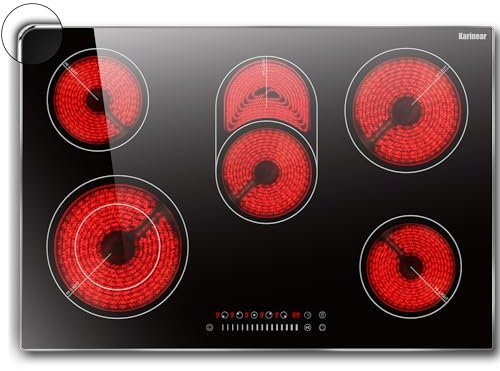 Karinear Glaskeramikkochfeld 5 Platten Einbau, Elektrokochfeld 77 cm mit Slider, Touch-Steuerung, Keramikochfeld 5 Zonen mit Kindersicherung, Timer, Pause & Go, 8400W, 220V-240V, Kein Stecker