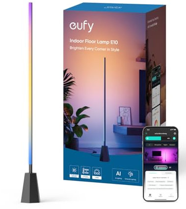 eufy Zimmer-Stehlampe E10, RGBWW LED, Smarte Stehlampe für Wohn- und Schlafzimmer, 16 Mio. Farben, 1700 Lumen, Kompatibel mit Google, Endlose KI-Lichtthemen, App-Steuerung, Musikmodus, Schwarz