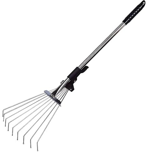 Adjustable Metal Small Garden Rake – Extendable Handle 60cm to 90cm – Garden Rake for Leaves, Grass & Yard Clean Up – Lightweight Multipurpose Lawn Leveller Tool – Silver – By FrJahan