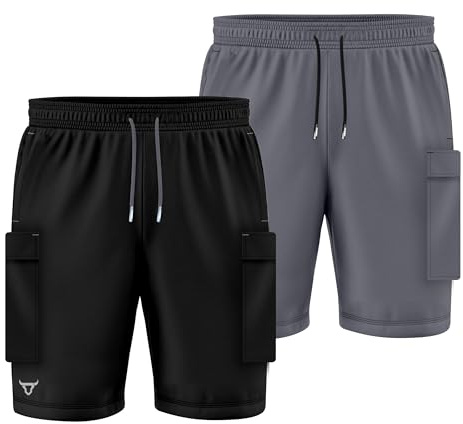 TORO ACTIVA 2 Packs Men's Athletic Cargo Shorts Breathable Quick Dry Fabric Drawstring Waist Velcro Cargo Pockets Reflective Logo Black Charcoal