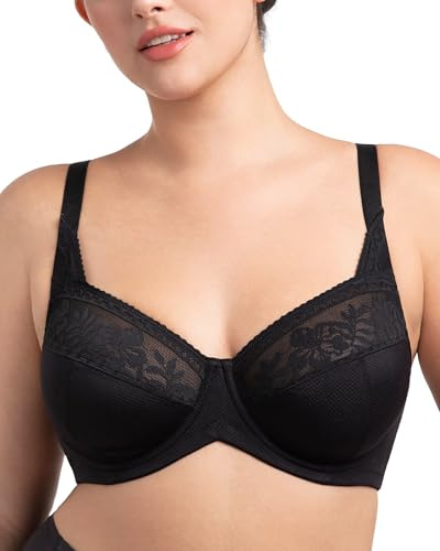 HSIA Minimizer Bras for Women, Full Coverage Lace Bra Unlined Underwire Plus Size Bras for Heavy Breast Black