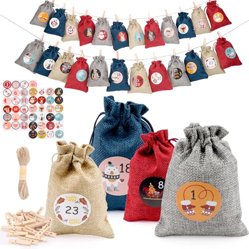 Calendario de Adviento para Rellenar 2025 – 24 Bolsas de Yute con Pegatinas de Números, Pinzas y Cuerda – Calendario Navideño DIY Reutilizable para Niños y Adultos