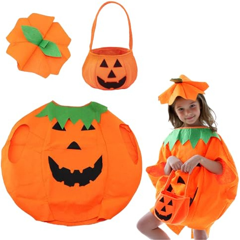 AYNKH Unisex robe fantaisie vêtements de tenue de citrouille, tenue de avec bonbons sac chapeau, drôle enfants Halloween costumes de citrouille pour la fête Cosplay