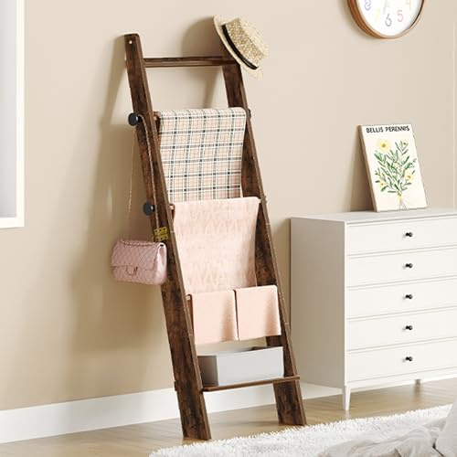 Hzuaneri Blanket Ladder for Living Room, Decorative Quilt Rack with 4 Removable Hooks, 5-Tier Blanket Ladder Shelf for Bedroom,Rustic Brown BR30501X