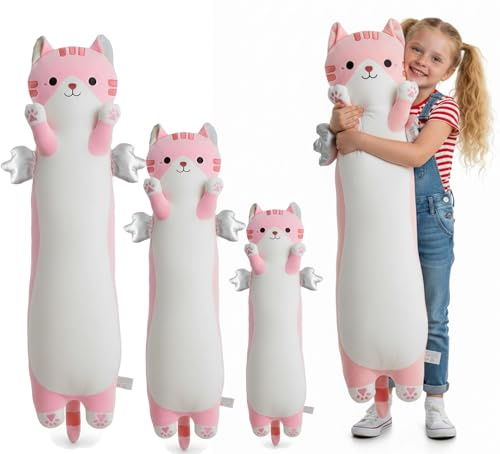 Kekeso Oreiller Peluche Chat Long, Coussin Corps Peluche Chat Mignon avec Ailes, Kawaii Douce à Câliner - Cadeau pour Enfants à Noël, Saint-Valentin & Anniversaire(Rose, 60cm/23.62in)
