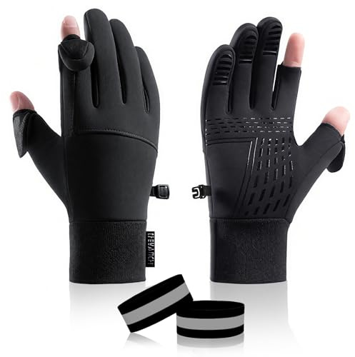 KASURE 1 Paar Wind- und wasserdichte warme Handschuhe mit fingerkappe und 1 Paar Reflektierendes Armband, Fahrradhandschuhe Herren Damen, Fingerlose Touchscreen Handschuhe Für Fahrrad, Laufen, Angeln