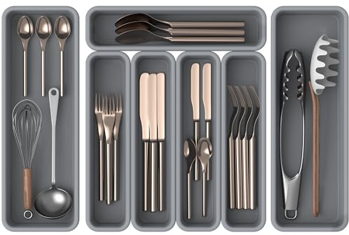 K KORKUAN Besteckkasten für Schubladen, DIY Schubladen Organizer Küche, Silikon Cutlery Organizer, 7er-Pack, Feuchtigkeits und Hitzebeständig bis 200 °C, Rutschfest (Grau)