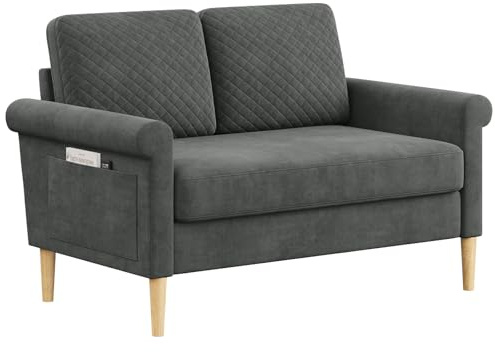 Vesgantti Sofá Pequeño de Tela de 2 Plazas 123x70x88 cm – Bolsillos Gris | Tela Resistente, Mini Sofá Acolchado Salón u Oficina, Montaje sin Herramientas