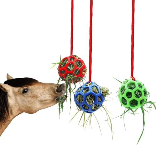 jiejack Palla da fieno a cavallo, giocattolo per cavalli, pallina da fieno, fieno da appendere, rallentare l'alimentazione, per cavalli, per capre, pecore (blu, verde + rosso)
