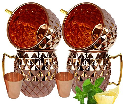 Rastogi Handicrafts - Juego de 4 tazas de cobre con 2 vasos de chupito de cobre, diseño de moscú con martillo de diamante