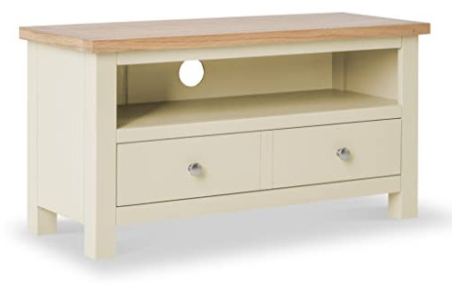 Farrow Cream Small TV Unit for Living Room | Roseland Furniture Fully Assembled 90 cm Painted Solid Wood Television Cabinet Stand with Oak Top Suitable for TVs up to 40 inches