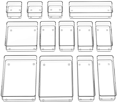SMARTAKE 13-Piece Drawer Organizer with Non-Slip Silicone Pads, 5-Size Desk Drawer Organizer Trays Storage Tray for Makeup, Jewelries, Utensils in Bedroom Dresser, Office and Kitchen (Clear)
