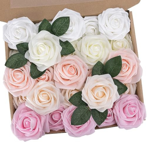 N&T NIETING Artificial Roses Flowers, 25Pcs Real Touch Roses, Mixed Colors | Foam Roses with Stems and Card Faux Flowers for Wedding Bridal Bouquet, Mother's Day, Baby Shower, Home Decoration