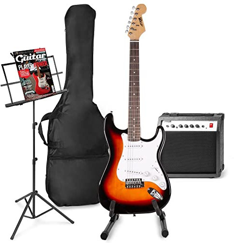 MAX GigKit E-Gitarre Set - Gitarrenverstärker 40 Watt, Elektrische Gitarrenset, Gitarrrenständer, Notenständer, Gitarrentasche, Stimmgerät, Instrumentenkabel, Gurt und Zubehör - Sunburst