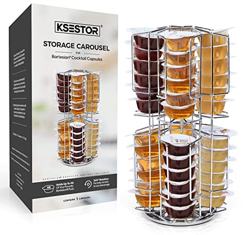 Ksestor Bartesian Capsule Holder - 48 Pod Rotating Storage Carousel, 360 Degree Chrome Tower Stand for Bartesian Cocktail Maker,Countertop Pod Organizer
