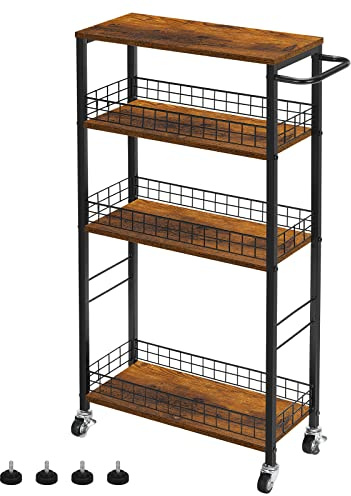 YBING Chariot de rangement fin à 4 niveaux – Chariot de cuisine étroit à roulettes avec dessus de table en bois – Support utilitaire mobile sur roulettes pour salle de bain, buanderie, endroits