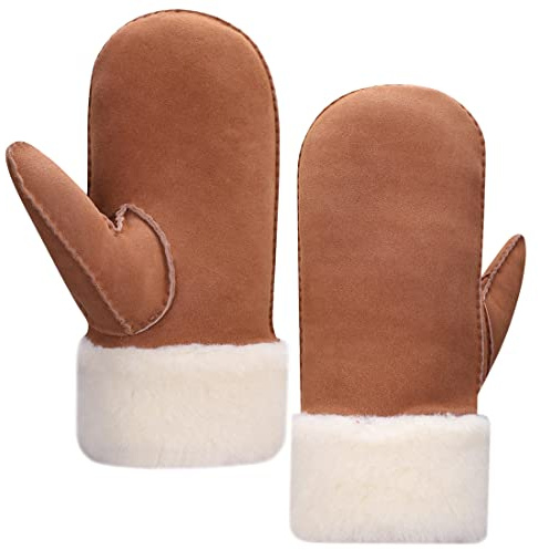 Harssidanzar Hommes Mittens Gants,laine de mouton chauffée gants de manchette en fourrure, adaptés au temps froid d'hiver KM042,Chameau,Taille XL
