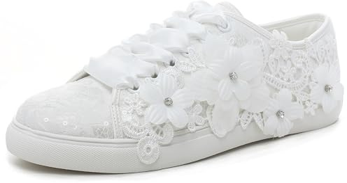 Elivandon 16054 Wedding Shoes Bridal Sneakers Flats Bride Tennis Shoes Flowers Lace Sneakers Colour Ivory,Size 7 UK/41 EU
