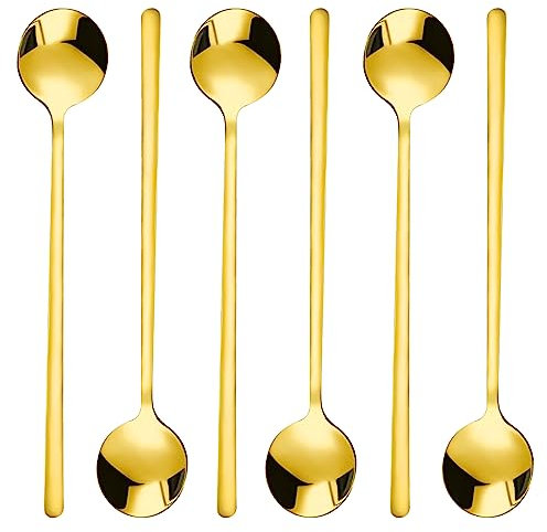 6 Pcs Stainless Steel Gold Teaspoons - Long Handle Round Dessert Spoons for Hot Chocolate, Ice Tea, Latte
