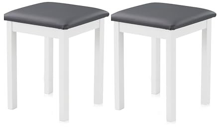 KHG 2er Set Sitzhocker Holzhocker Weiß lackiert, Kunstleder gepolstert Flur Garderobenhocker Küchenhocker 36x36x47 cm - Buche Holz Massiv bis 110 kg belastbar - Schminkhocker Landhausstil