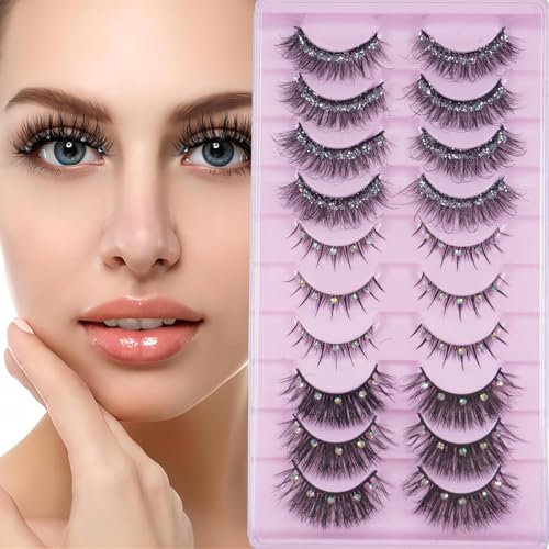 Holzsammlung Falsche Wimpern, 10 Paare Glitzer Kristalle Wimpern 11-19MM Fake Lashes Künstliche Wimpern, D Curl Lashes Faux Fiber False Eyelashes Wispy Fluffy DIY Natürlich Wimpernverlängerungs Set