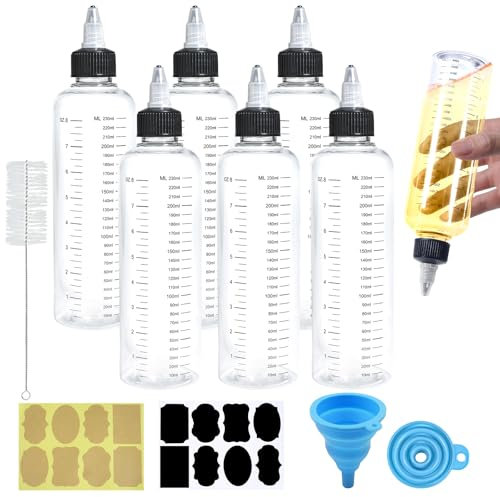 Hengxinchen 6 Stück 250ml Quetschflasche Squeeze Flasche, Transparente Dosierflasche Saucenflasche Ölflasche Plastikflasche mit Skala Spitzenkappe für Tintenflüssigkeit Öle Gele Leim