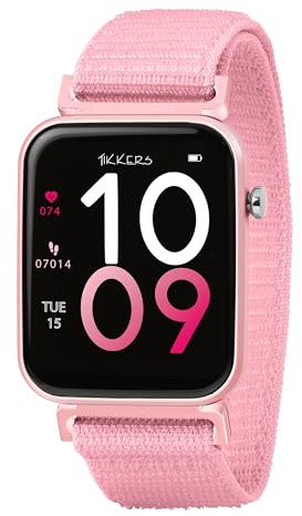 Tikkers Kids Series 13 Smart Watch with Fitness Tracker, Alarm Clock, Camera, GPS Connection, Heart Rate Monitor, Step Counter, Touch Screen, IP68, Pink Riptape Strap