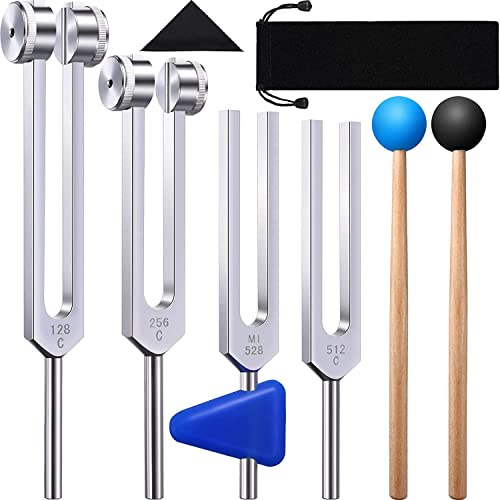 Correa 4 Packungen Stimmgabel Set (128 Hz, 256 Hz, 512 Hz, 528 Hz) mit Stimmgabelhammer für Klang Klang Vibrationswerkzeuge