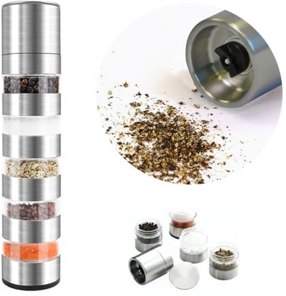 Macinasale e pepe 5 in 1 – Macinaspezie di alta qualità in acciaio inox con spessore regolabile, per barbecue da cucina, escursioni all'aperto e campeggio