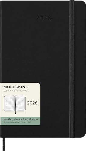 Moleskine Agenda Semanal, Agenda Semanal Horizontal 2026 12 Meses, Con Tapa Dura y Cierre Elástico, Formato Grande 13x21, Color Negro