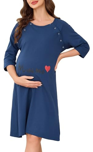 Vlazom Women 3 in 1 Cotton Nursing/Delivery/Labor/Maternity Nightgown Half Sleeve Breastfeeding Sleep Dress Hospital Gown Sleepwear with Buttons Cobalt Blue,L