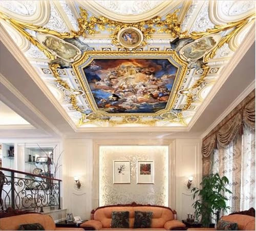 GZGZG Mural autoadhesivo 3d papel tapiz de techo pintura al óleo de ángel con borde dorado tridimensional sala de estar dormitorio fondo decoración de pared pegatina artística