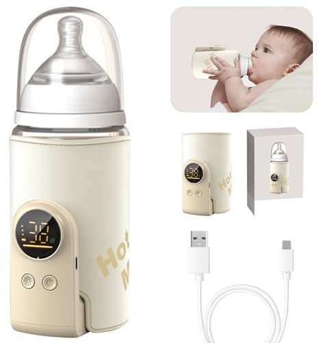 Flaschenwärmer Baby, Tragbarer Flaschenwärmer Unterwegs mit LED-Display, Schneller Heizung und 48H Warm Warm 6 Einstellbare Temperatur, USB-Babyflaschenwärmer für Hause Reisen