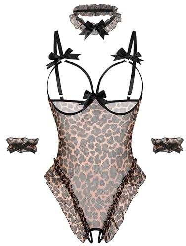 Avidlove Womens Lingerie Bodysuit 4 Piece Set Sheer Mesh Teddy Babydoll with Detachable Collar and Wrist Cuffs