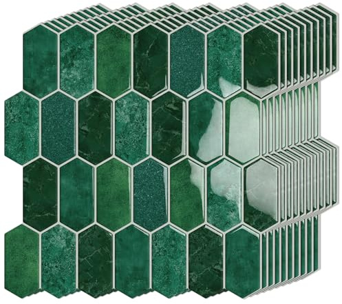 10-Sheet Hexagon Peel and Stick Kitchen Backsplash Tiles, 3D Marble Look Self Adhesive Wall Tiles Stick on Back Splash for Bathroom Fireplace RV 12x12 Green