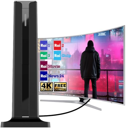 Antenna TV Interna con Base Adesiva – Ricezione 360° DVB-T2/TDT – Supporto Full HD e 4K UHD – Segnale Stabile per Canali Gratuiti – Cavo 3 m