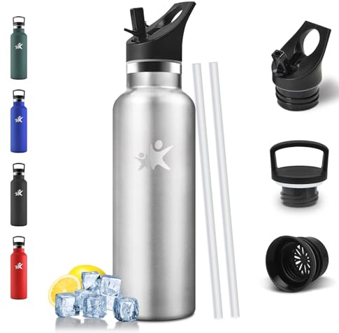 Mulbijeo Gourde Isotherme 500 ML, Réutilisable, Gourde Inox avec Paille Sans BPA, Anti-Fuite, Bouteille d'eau, Isolation sous Vide en Acier Inoxydable à Double Paroi, pour Camping, Écoles, Gymnases