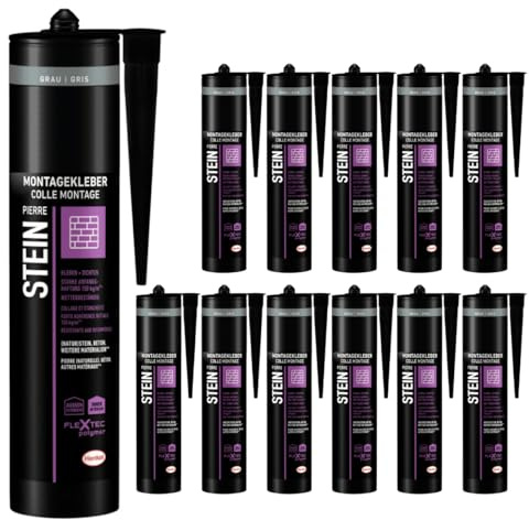 Montagekleber Steinkleber für Stein & Naturstein je 420g - wetterfest - grau (12 x 420g)