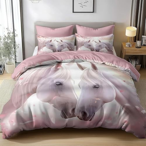 CCZM Cavallo Copripiumino Matrimoniale 240x220 Animale Selvatico, Biancheria da Letto Cavallo in Microfibra, 1 Parure Copri Piumone Fattoria con 2 Federe 50x80 cm con Cerniera, F-457