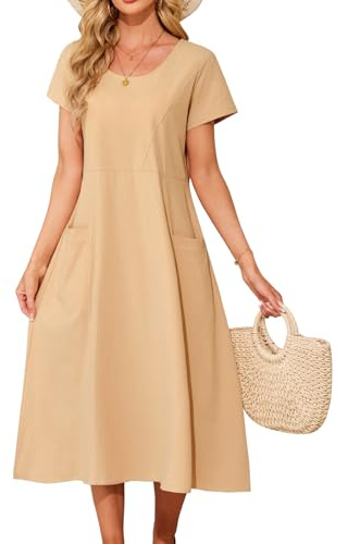 PASUDA Vestito Donna Estivo Vestiti Lungo Cotone Abito Manica Corta Scollo Rotondo Elegante Vestito da Mare Spiaggia Boho Casual Abiti Lunghi con Tasche (Kaki, XL)