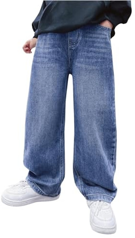 Jean Baggy GarçOn Pantalons avec Ceinture Élastique Y2K Pantalon en Denim Couleur Unie Denim Jean Baggy Ado Garcon Printemps/Automne Large Décontracté Style Urbain Hip Hop Streetwear 4-16ans