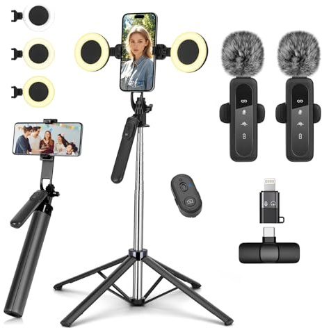Kit de vlogging para Creadores de Contenido para iPhone/Android, Palo Selfie de 180 cm con 2 Luz y Micrófono, Trípode para Smartphone, Kit de Inicio para TikTok/Youtube